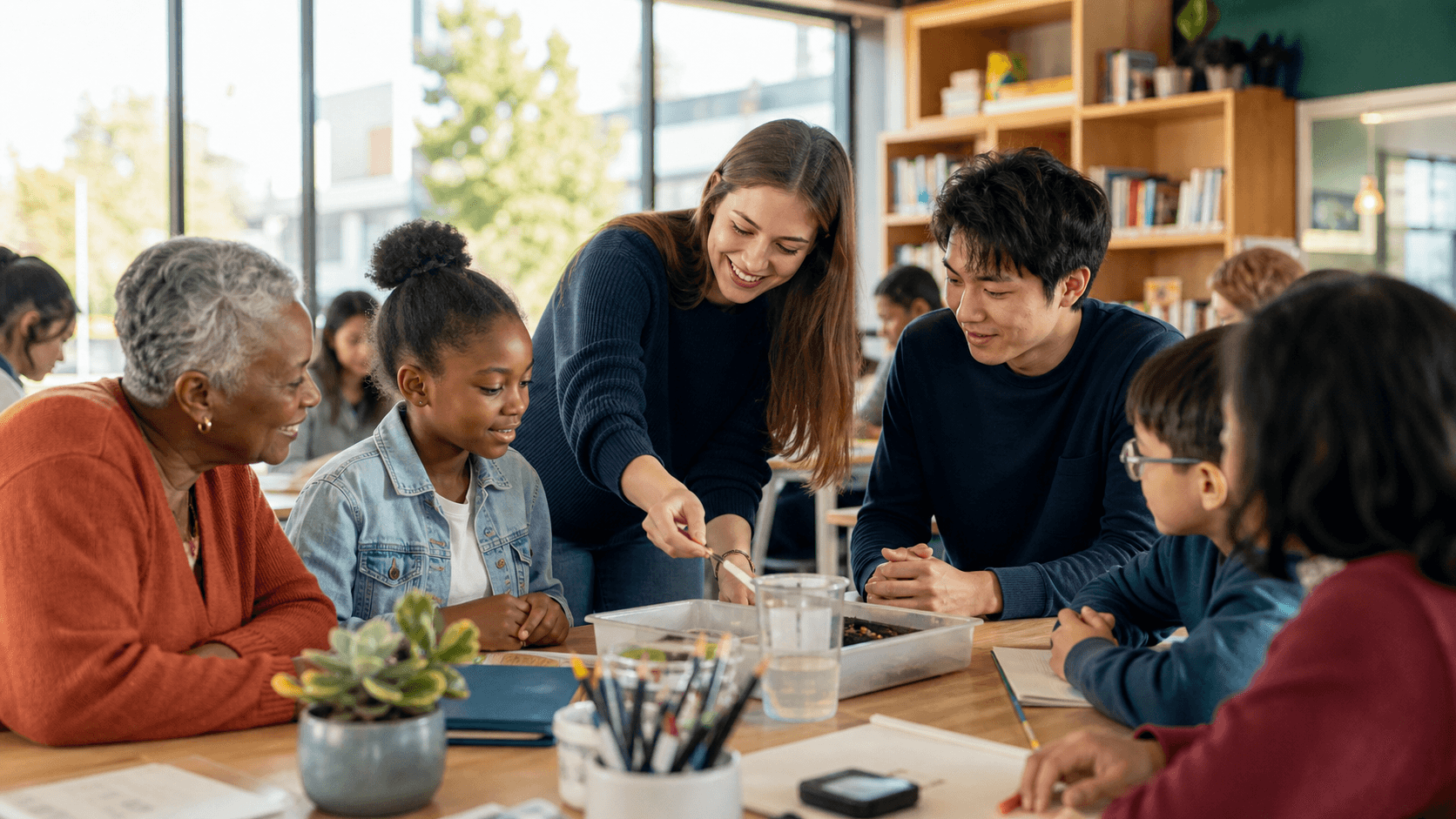 Research volunteers helping community members explore a science activity