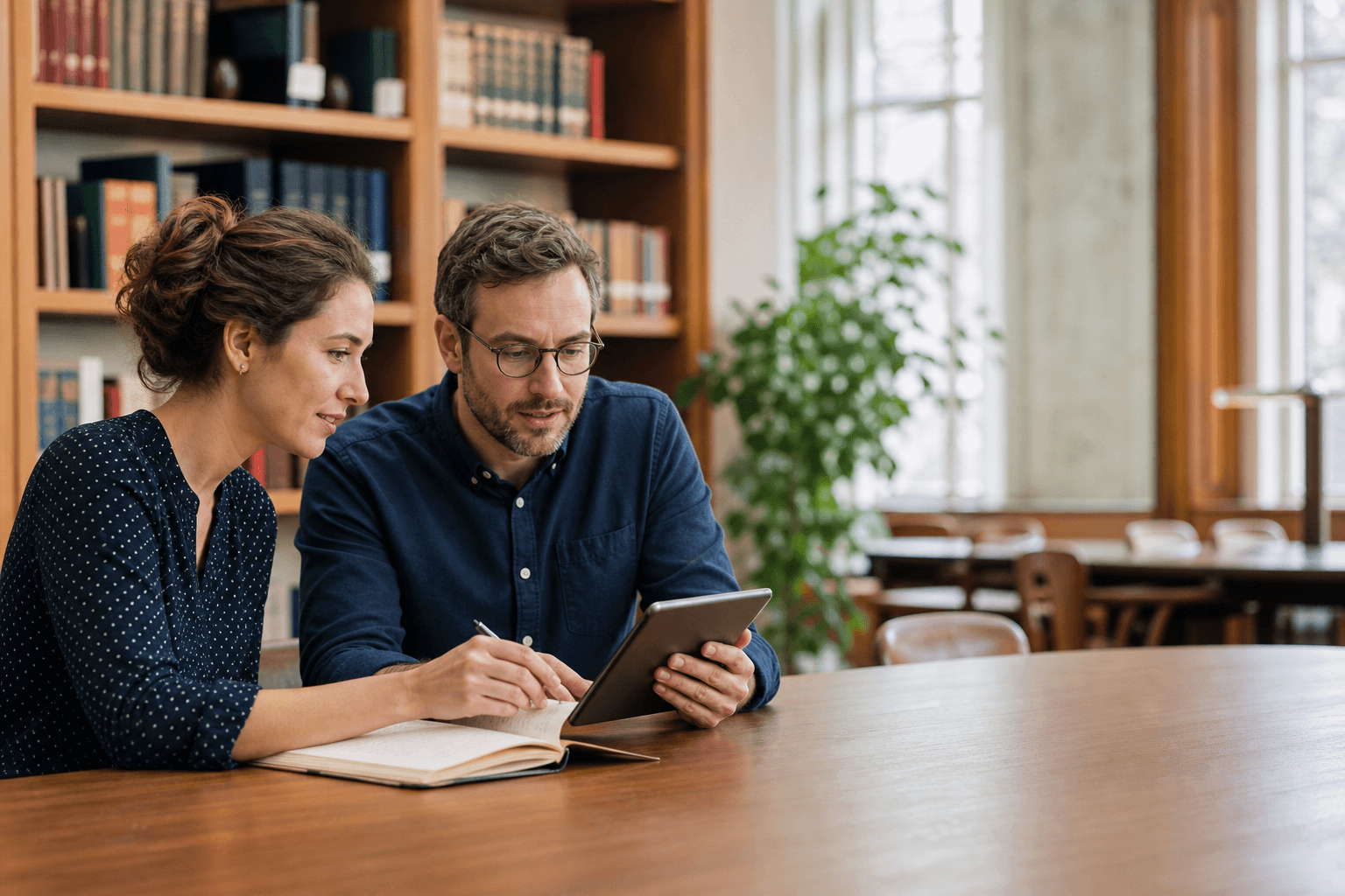 Researchers discussing a publishing question in a university library