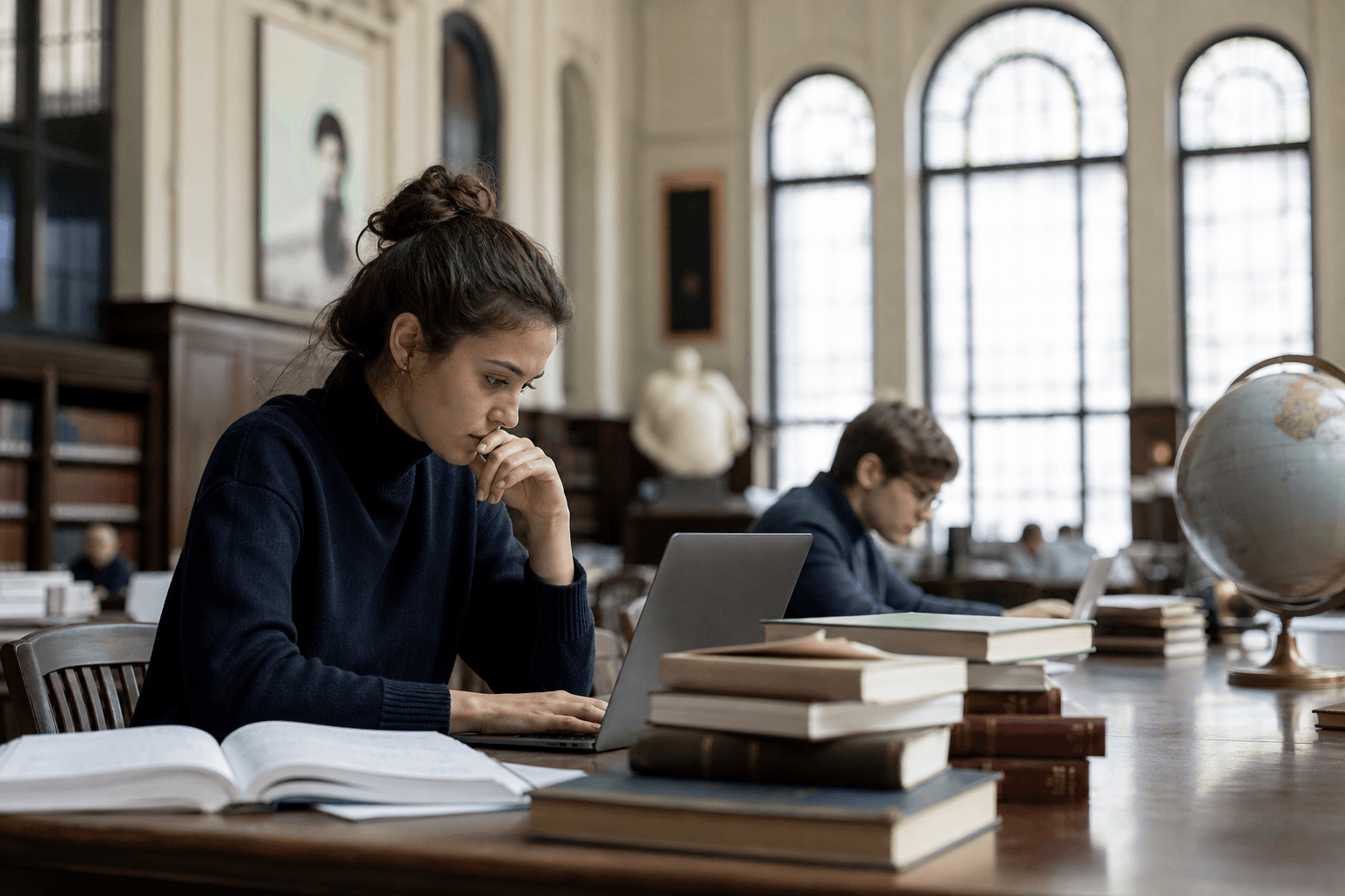 A researcher accessing academic work in a university reading room