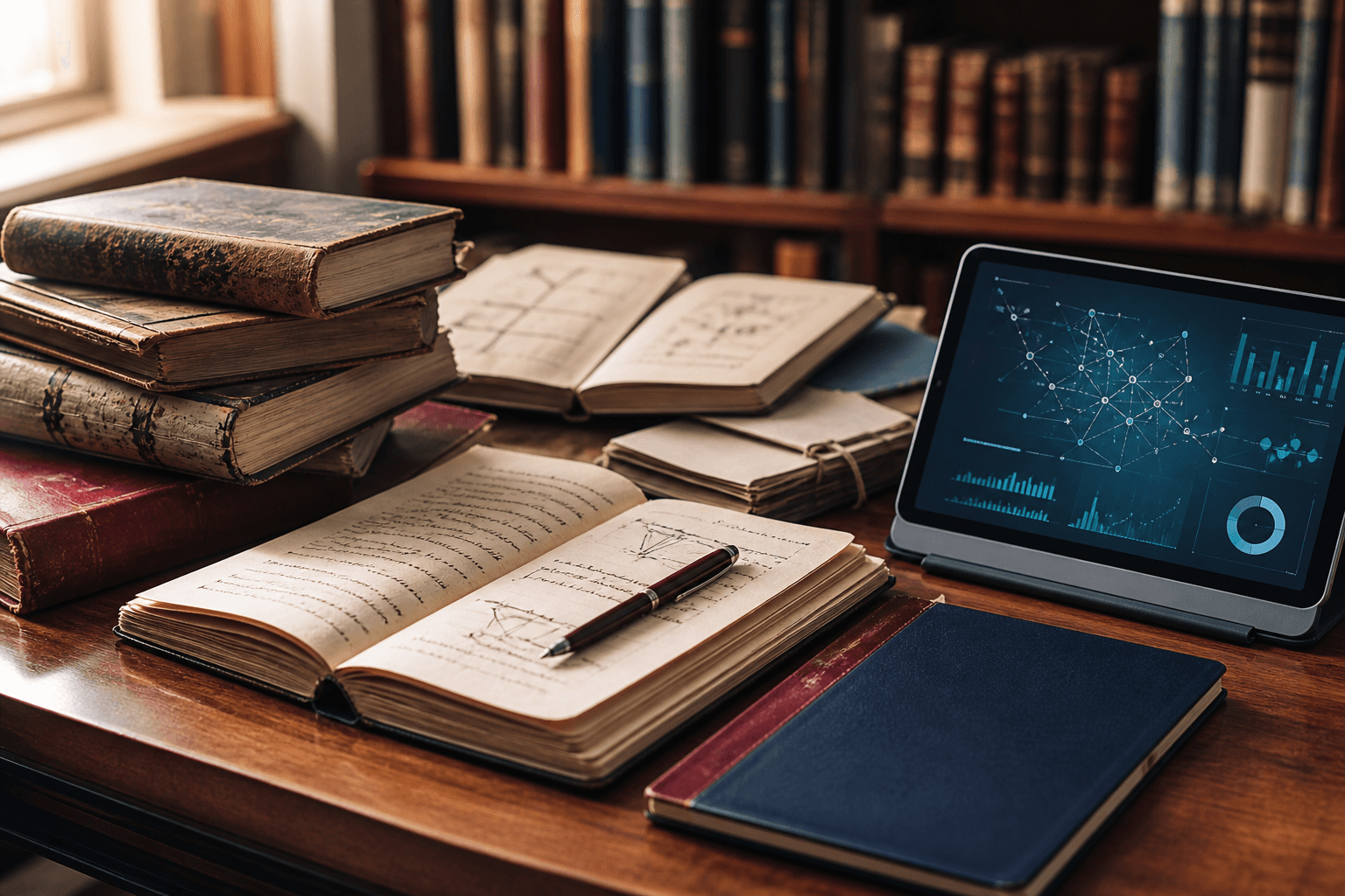 Historic research journals alongside a modern digital research display