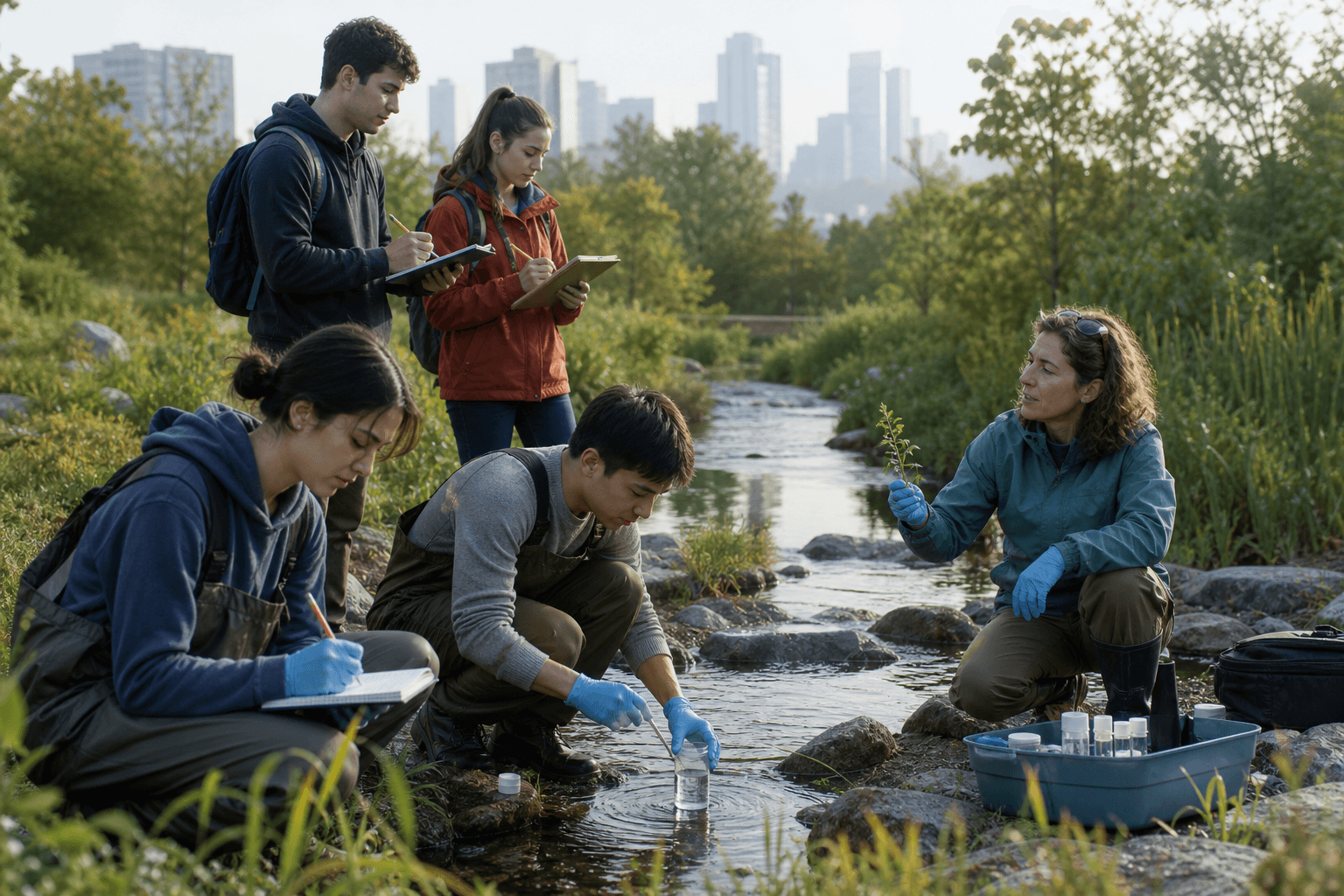 Students and a scientist collecting environmental samples beside an urban stream