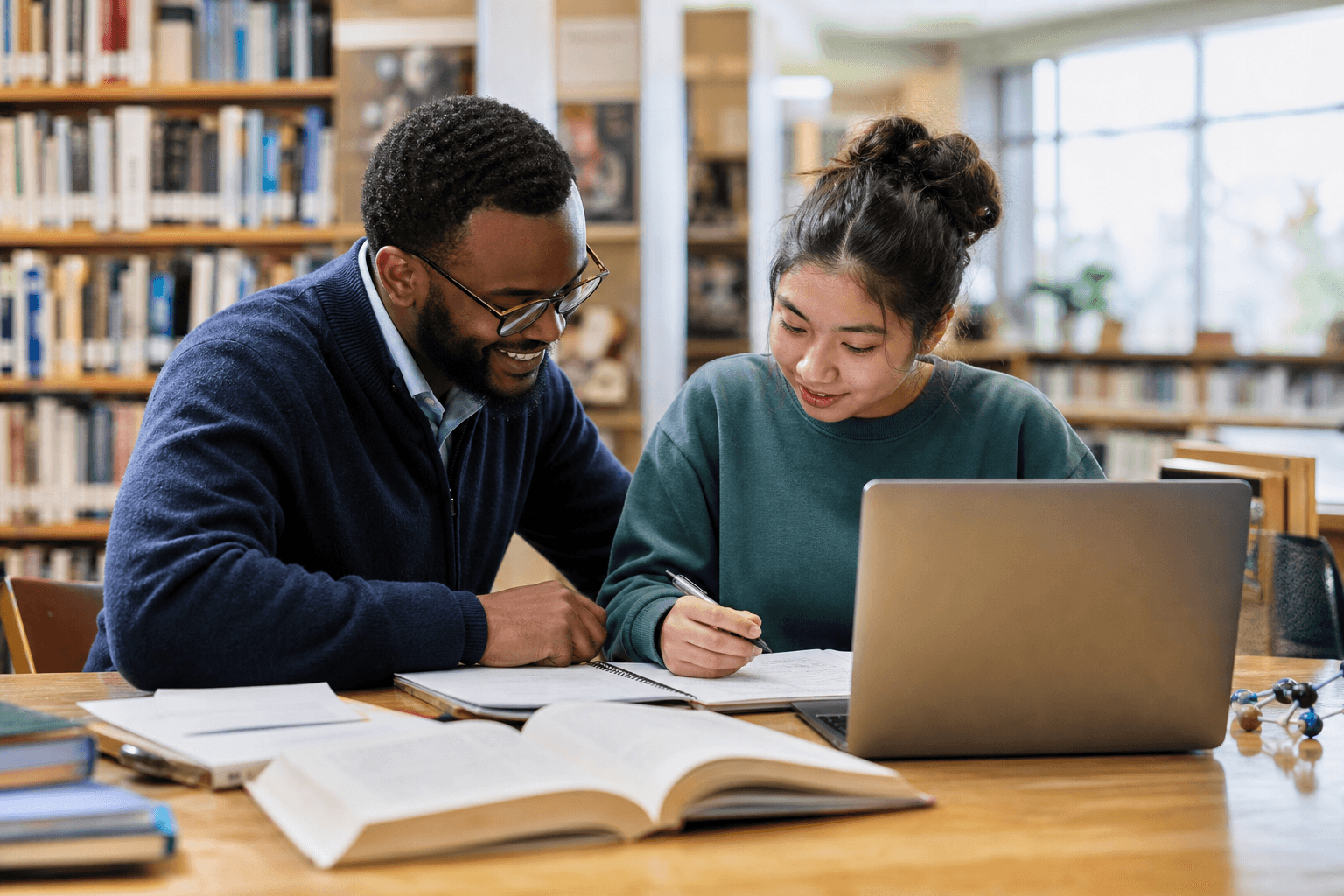A research mentor helping a student with an academic project