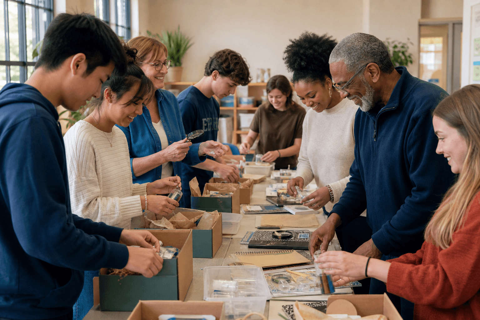 Community volunteers assembling science learning kits together
