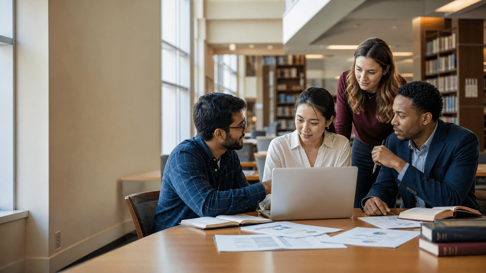Researchers collaborating around a table in a university library